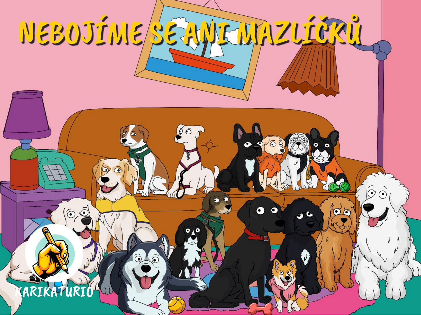 Portrét ve stylu Simpsonových podle fotografie – personalizovaná karikatura s pejsky a mazlíčky, skvělý dárek pro fanoušky seriálu a milovníky zvířat.