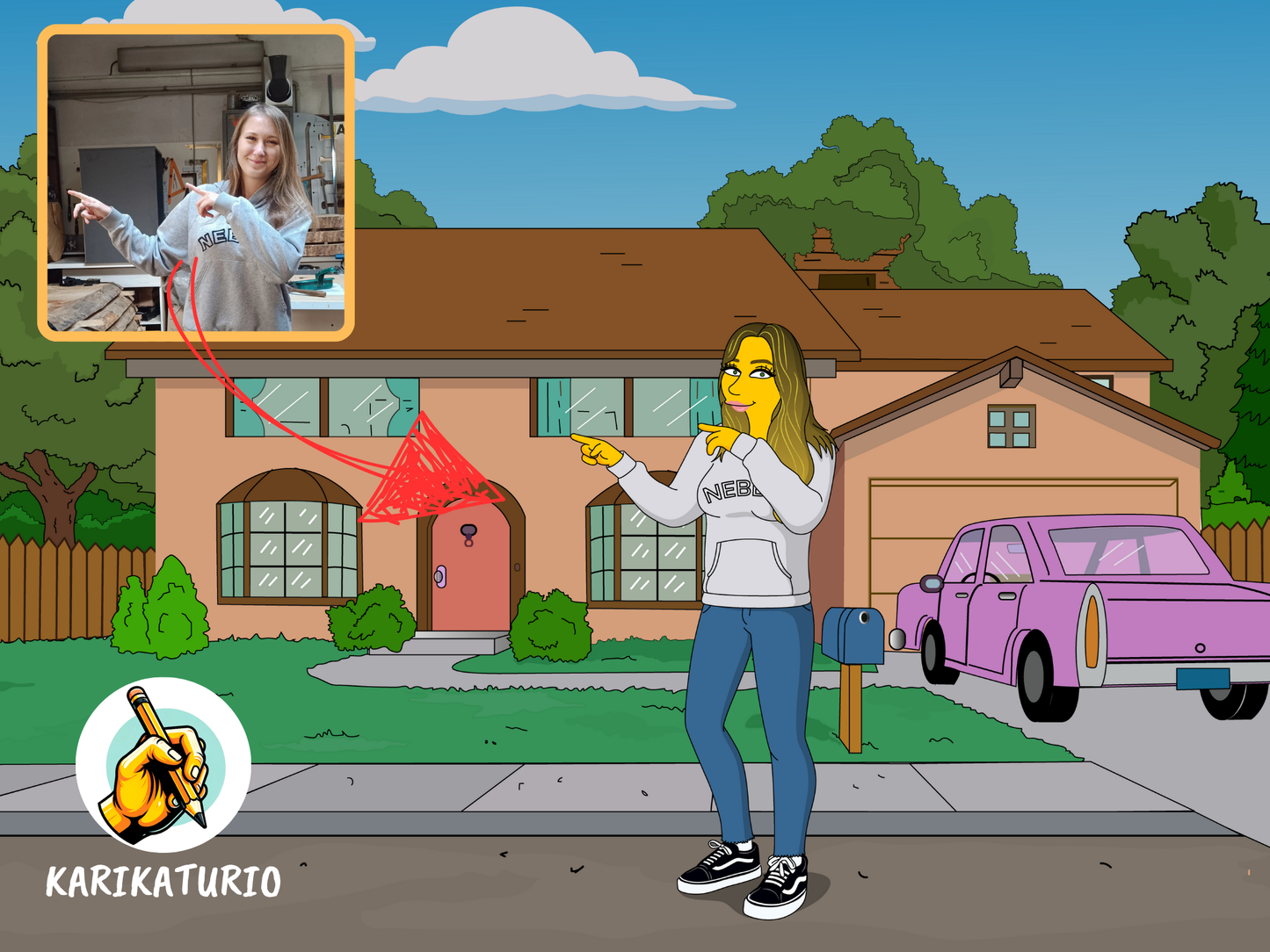 Karikatura zeny stojící před domem ve stylu Simpsonovych, oblečená v mikině s nápisem, s reálnou fotografii vedle.