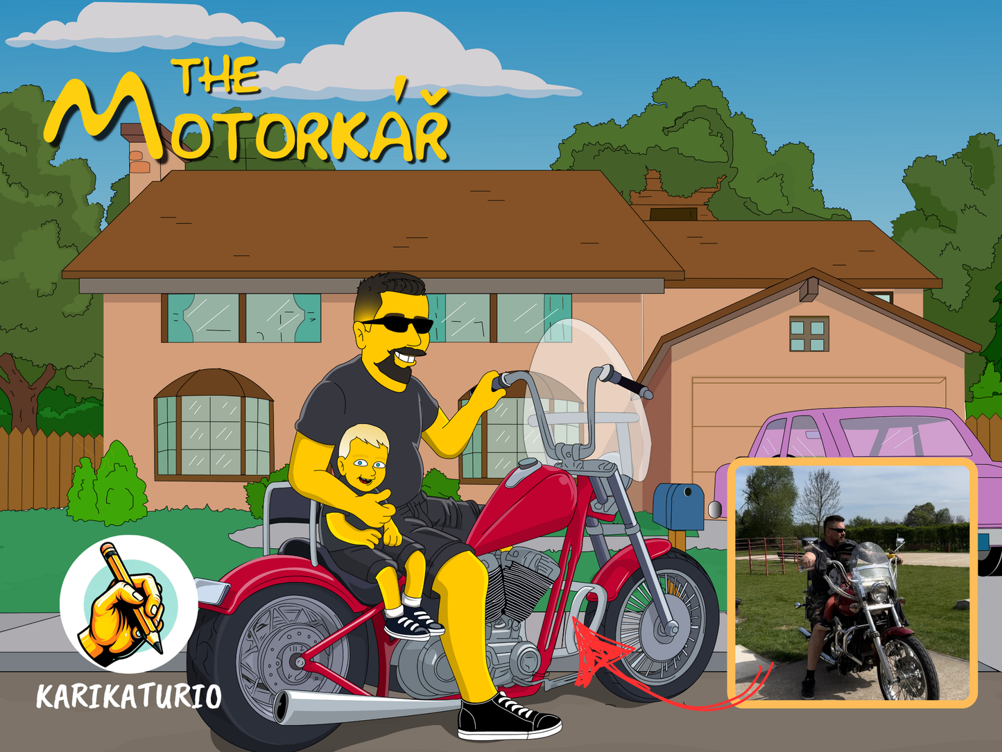 Karikatura muze ve stylu Simpsonových na motorce s ditetem na prednim sedadle.