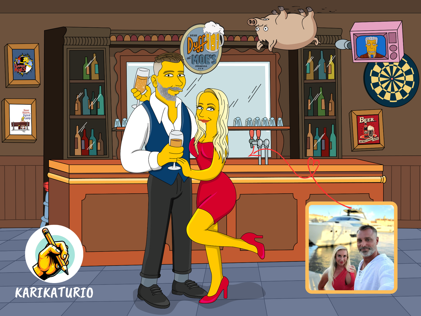 Kresba Simpsonovi podle fotky páru v baru, kde si připíjejí. Karikatura z fotky jako dárek pro přítele nebo přítelkyni.